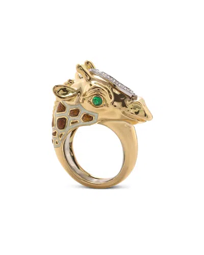 David Webb Platinum & 18k Yellow Gold Emerald, Diamond, And Brown & White Enamel Giraffe Ring