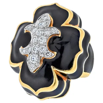 Pre-owned David Webb Platinum & 18k Yellow Gold Fleur De Lis Black Enamel Diamond Ring