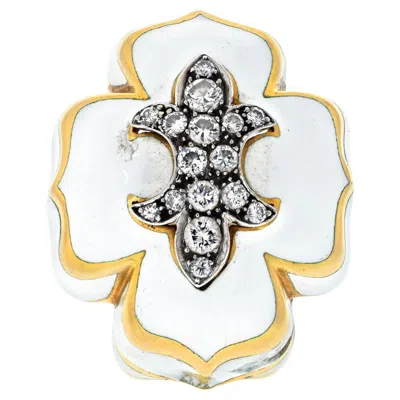Pre-owned David Webb Platinum & 18k Yellow Gold Fleur De Lis White Enamel Ring