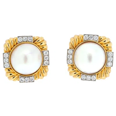 Pre-owned David Webb Platinum & 18k Yellow Gold Fluted Diamond And Pearl Clip-on Earrings