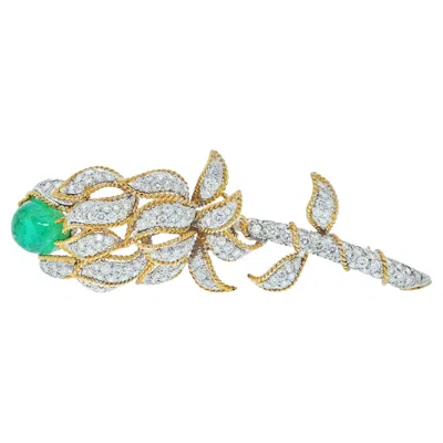 Pre-owned David Webb Platinum & 18k Yellow Gold Green Emerald And Diamond Flower Brooch