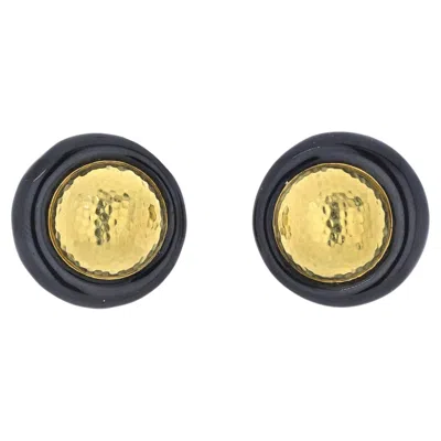 Pre-owned David Webb Platinum & 18k Yellow Gold Hammered Goldandblack Enamel Clip Earrings