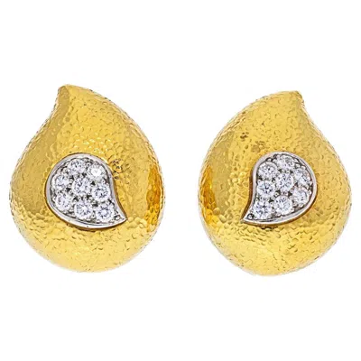 Pre-owned David Webb Platinum & 18k Yellow Gold Hammered Teardrop, Diamond Earrings