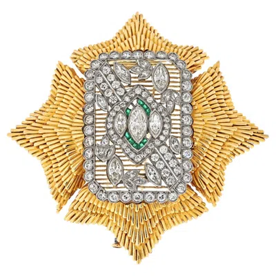 Pre-owned David Webb Platinum & 18k Yellow Gold Maltese Diamond And Emerald Brooch