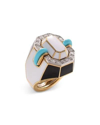 David Webb Platinum & 18k Yellow Gold Manhattan Minimalism Diamond, Turquoise, & Enamel Statement Ring In Pattern
