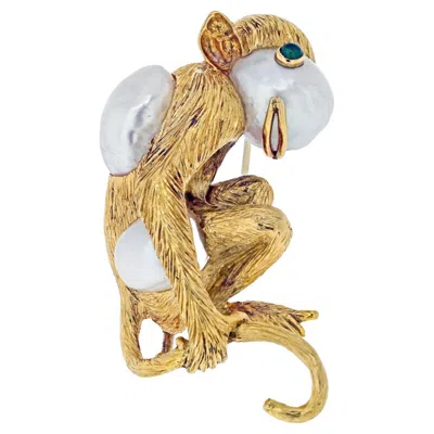 Pre-owned David Webb Platinum & 18k Yellow Gold Monkey On A Pearl And Emerald Eyes Brooch