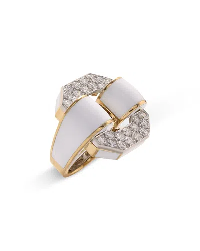 David Webb Platinum & 18k Yellow Gold Octagon White Enamel Buckle Ring, 1.79 Tcw