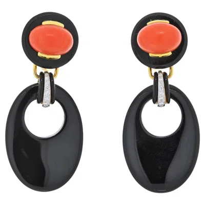 Pre-owned David Webb Platinum & 18k Yellow Gold Onyx And Coral Drop Door Knocker Earrings