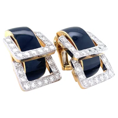 Pre-owned David Webb Platinum & 18k Yellow Gold Onyx Diamond Doorknocker "strap" Earrings