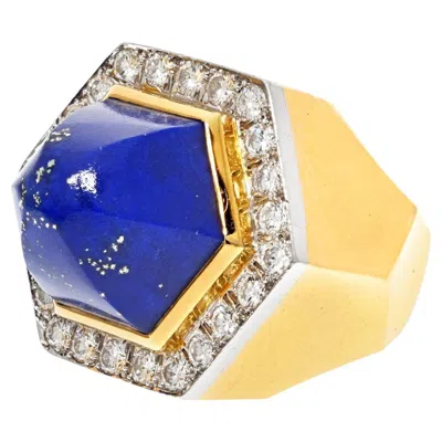Pre-owned David Webb Platinum & 18k Yellow Gold Oversized Lapis And Diamond Ring