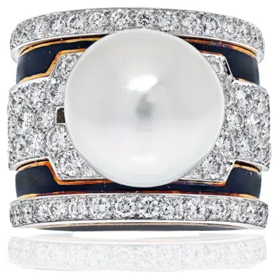 Pre-owned David Webb Platinum & 18k Yellow Gold Pearl, Diamond, Black Enamel Ring
