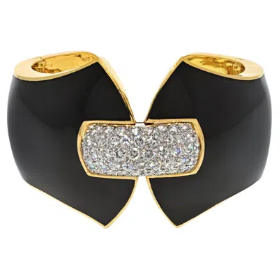 Pre-owned David Webb Platinum & 18k Yellow Gold Princess Lilian Black Enamel Diamond Cuff