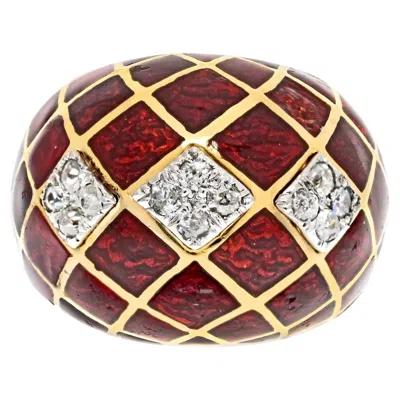 Pre-owned David Webb Platinum & 18k Yellow Gold Red Enamel Bombe Diamond Ring