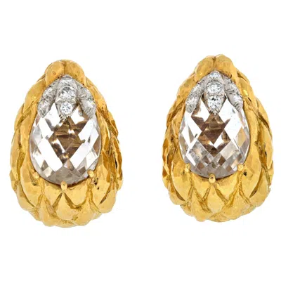 Pre-owned David Webb Platinum & 18k Yellow Gold Rock Crystal Carved Clip On Earrings