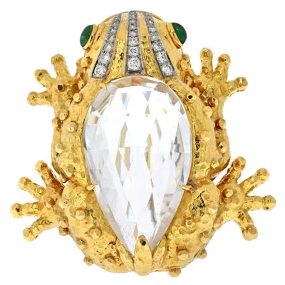Pre-owned David Webb Platinum & 18k Yellow Gold Rock Crystal Diamond Frog Brooch