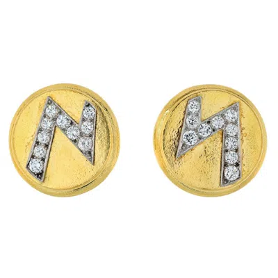 Pre-owned David Webb Platinum & 18k Yellow Gold Round Disks With Diamond Earrings
