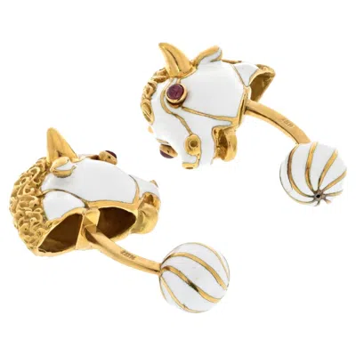 Pre-owned David Webb Platinum & 18k Yellow Gold Ruby And White Enamel Bull Cuff Links