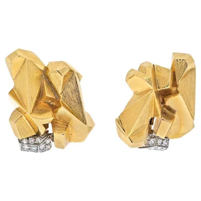 Pre-owned David Webb Platinum & 18k Yellow Gold Textured Nugget Diamond Slope Earrings