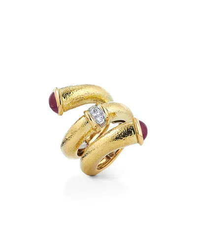 David Webb Platinum & 18k Yellow Gold Tool Chest Ruby & Diamond Pipe Hammered Coil Ring In Pattern