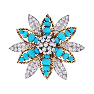 Pre-owned David Webb Platinum & 18k Yellow Gold Turquoise, Diamond Flower Brooch