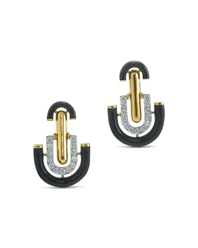 David Webb Platinum & 18k Yellow Gold Unity Diamond & Black Enamel Stud Earrings, 0.45 Tcw