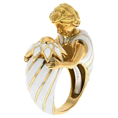 Pre-owned David Webb Platinum & 18k Yellow Gold Virgo Male Figure White Enamel Ring