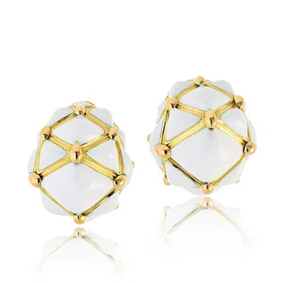 Pre-owned David Webb Platinum & 18k Yellow Gold White Enamel Bombe Dome Geodesic Earrings
