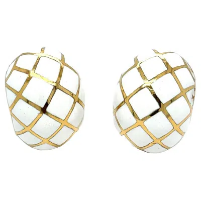 Pre-owned David Webb Platinum & 18k Yellow Gold White Enamel Checkerboard Clip-on Earrings