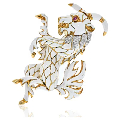 Pre-owned David Webb Platinum & 18k Yellow Gold White Enamel Diamond Goat Brooch