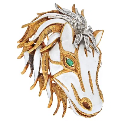 Pre-owned David Webb Platinum & 18k Yellow Gold White Enamel Diamond Horse Face Brooch
