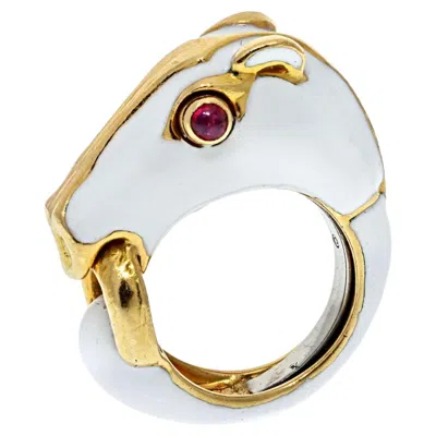 Pre-owned David Webb Platinum & 18k Yellow Gold White Enamel Horse With Ruby Eyes Ring