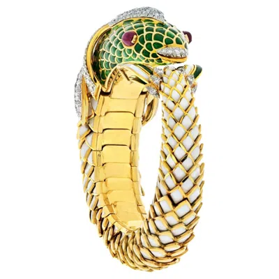 Pre-owned David Webb Platinum & 18k Yellow Gold White Enamel Koi Fish Bangle Bracelet
