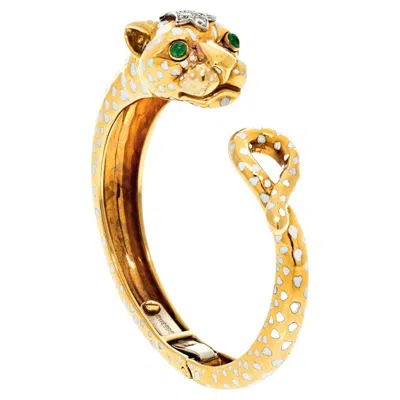 Pre-owned David Webb Platinum & 18k Yellow Gold White Spotted Panthere Cuff Bangle Bracele