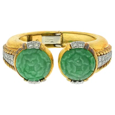 Pre-owned David Webb Platinum & 18ky Carved Jade Hammered Gold Diamond Cuff Bracelet In Green
