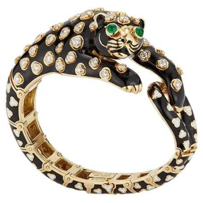 Pre-owned David Webb Platinum & Gold Enamel, Diamonds Green Emeralds Leopard Bracelet