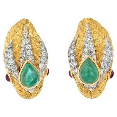 Pre-owned David Webb Platinum & Gold Snake Green Emerald Ruby Diamond Clip On Earrings