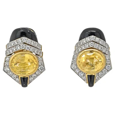 Pre-owned David Webb Platinum And Gold Yellow Sapphire, Enamel And Diamond Clip Earrings