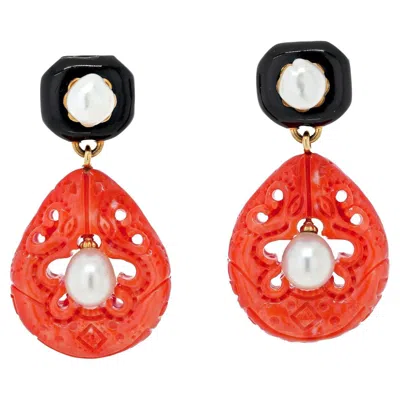 Pre-owned David Webb Platinum & Yellow Gold Cultured Pearl, Coral And Enamel Clip Earrings