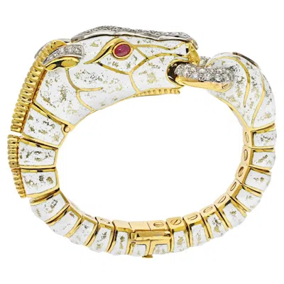 Pre-owned David Webb Platinum & Yellow Gold Dappled White Enamel Diamond Horse Bracelet