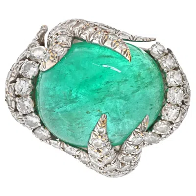 Pre-owned David Webb Platinum Diamond And Cabochon Cut Green Emerald Ring