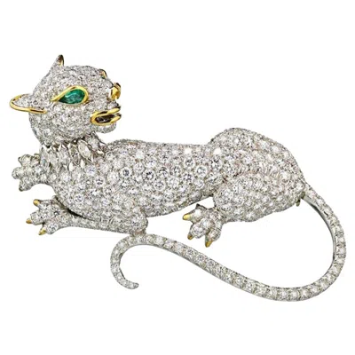 Pre-owned David Webb Platinum Diamond And Emerald Panther Pin Brooch In Green