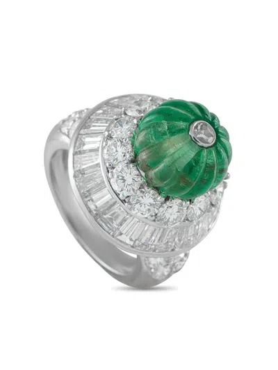 Pre-owned David Webb Platinum Diamond And Emerald Ring In Silver