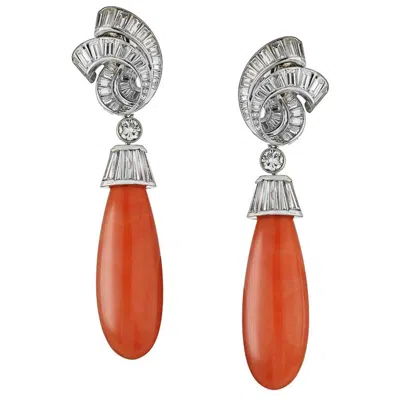 Pre-owned David Webb Platinum Diamond Earrings With Hanging Dangling Coral In Red