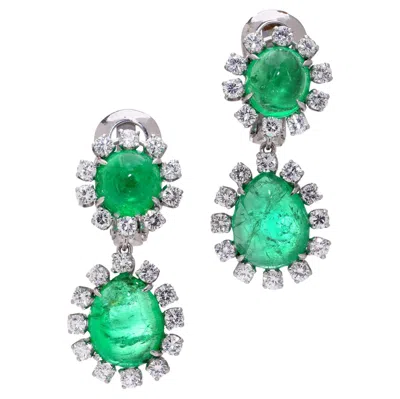 Pre-owned David Webb Platinum Emerald And Diamond Clip-on Earrings In Green