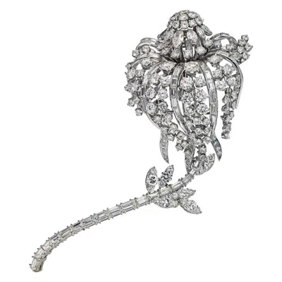 Pre-owned David Webb Platinum Long Stemmed Diamond Flower Brooch Pin In Multi