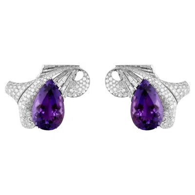 Pre-owned David Webb Platinum/18k White Gold Diamond And Large Amethyst Set Of Clips/pins