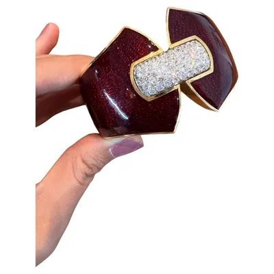 Pre-owned David Webb Red Enamel Diamond 18k Yellow Gold Cuff Bracelet, 1980s–1990s