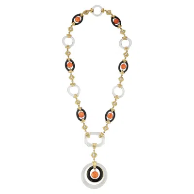 Pre-owned David Webb Rock Crystal Coral And Onyx Necklace In Red