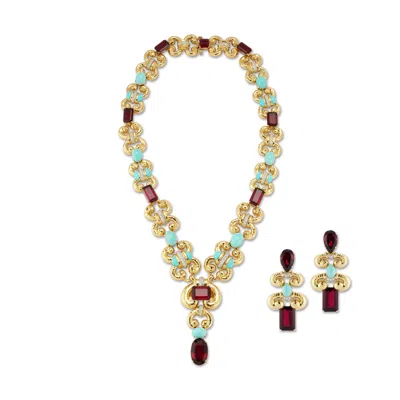 Pre-owned David Webb Rubelilte & Turquoise Diamond Necklace & Earrings Set In Multi