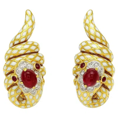 Pre-owned David Webb Ruby And Diamond Enamel Earrings 18k Yellow Gold And Platinum